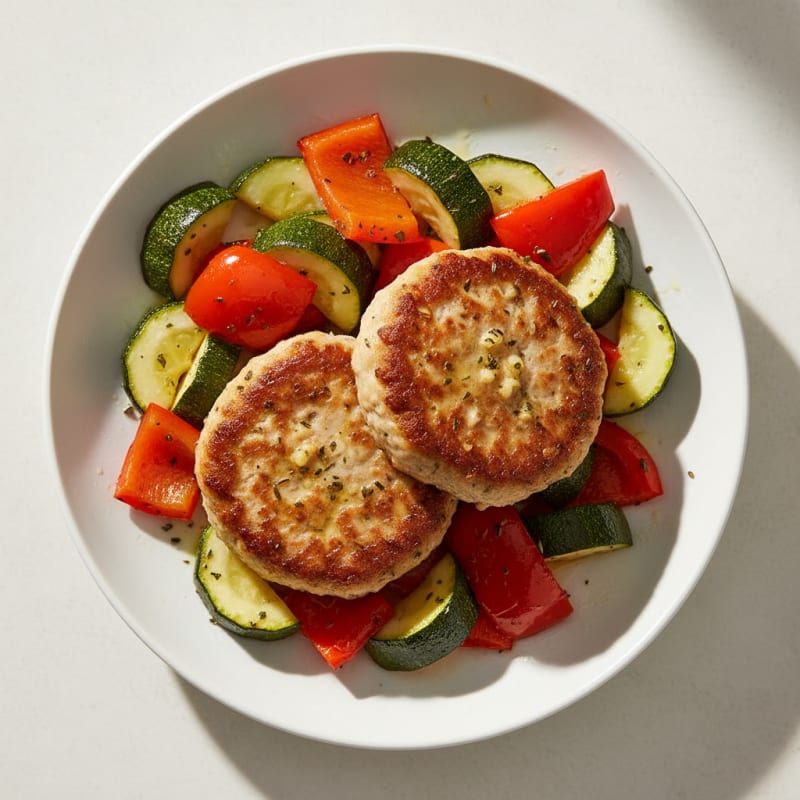 Seared Turkey Patties with Roasted Zucchini and Bell Peppers
