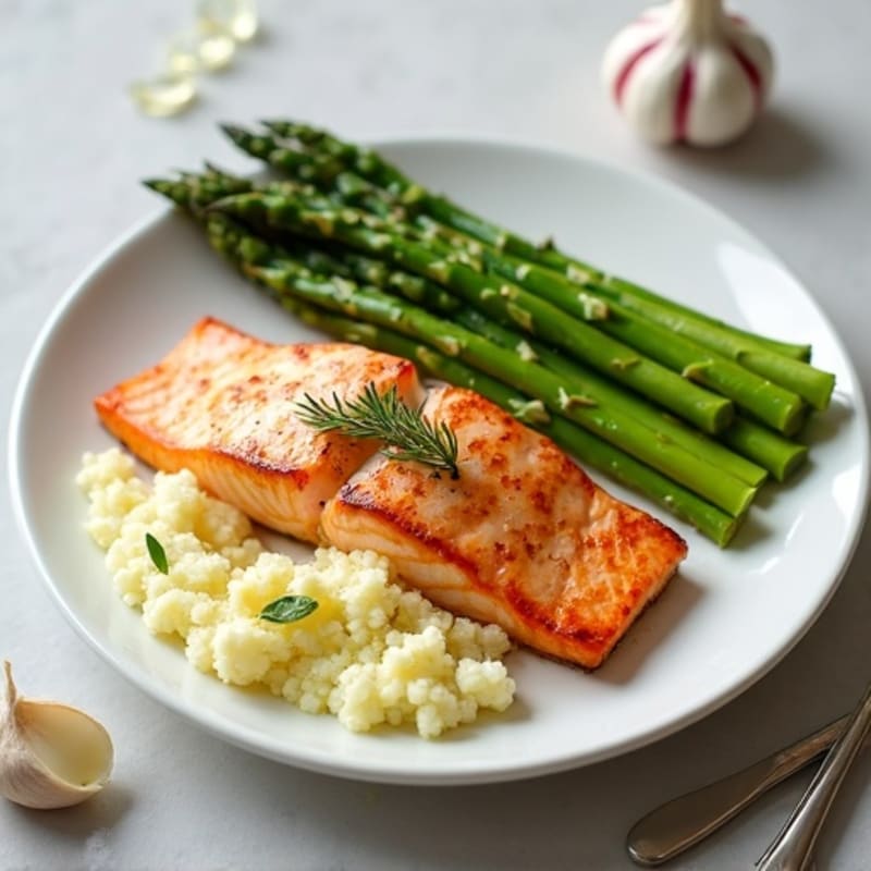 Seared Salmon Filet with Steamed Asparagus and Garlic Cauliflower Mash