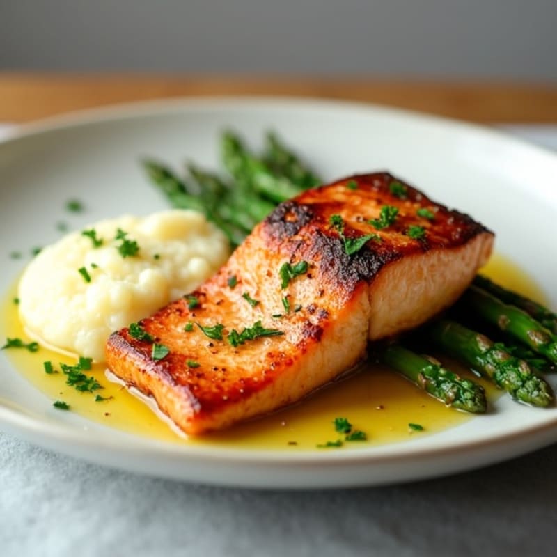 Seared Salmon with Steamed Asparagus and Cauliflower Mash