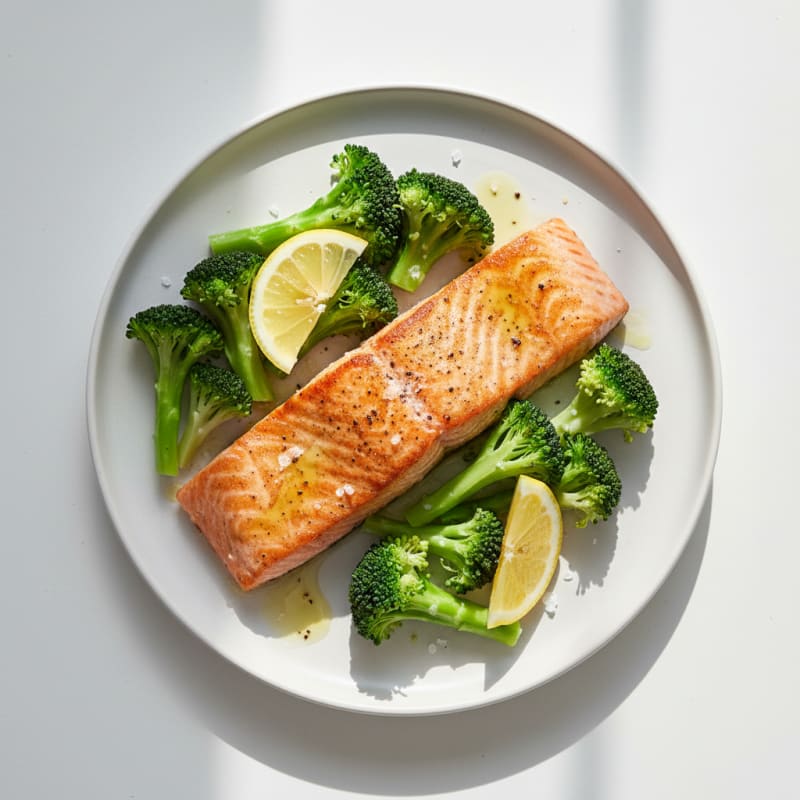 Seared Salmon with Steamed Broccoli and Lemon