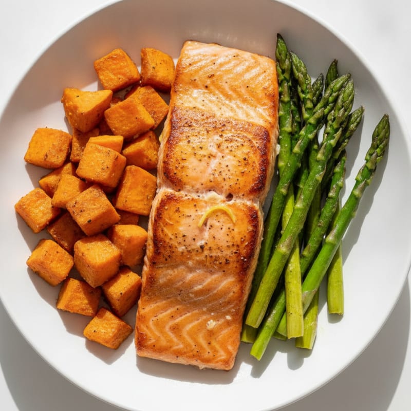 Seared Salmon Fillet with Roasted Sweet Potato and Asparagus