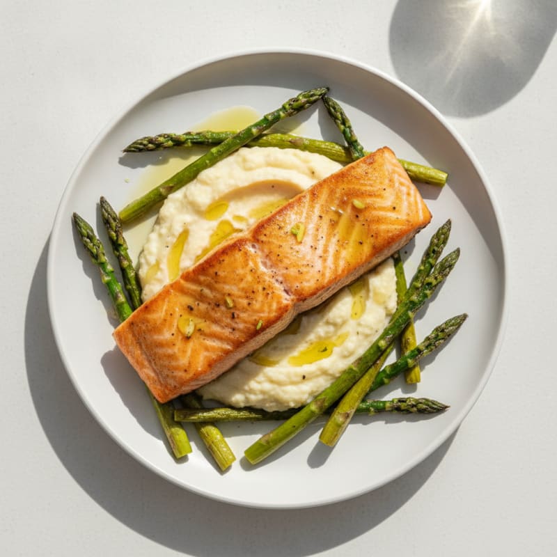 Seared Salmon Fillet with Roasted Asparagus and Cauliflower Mash