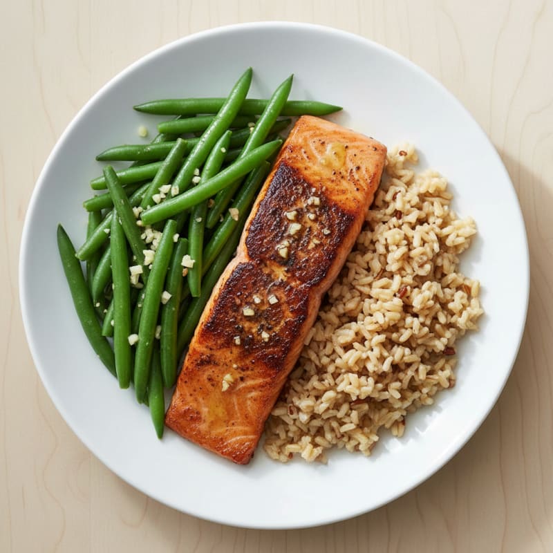 Seared Salmon Fillet with Garlic Green Beans and Brown Rice