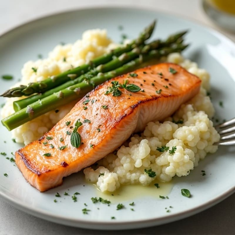 Seared Salmon with Steamed Asparagus and Garlic Cauliflower Mash