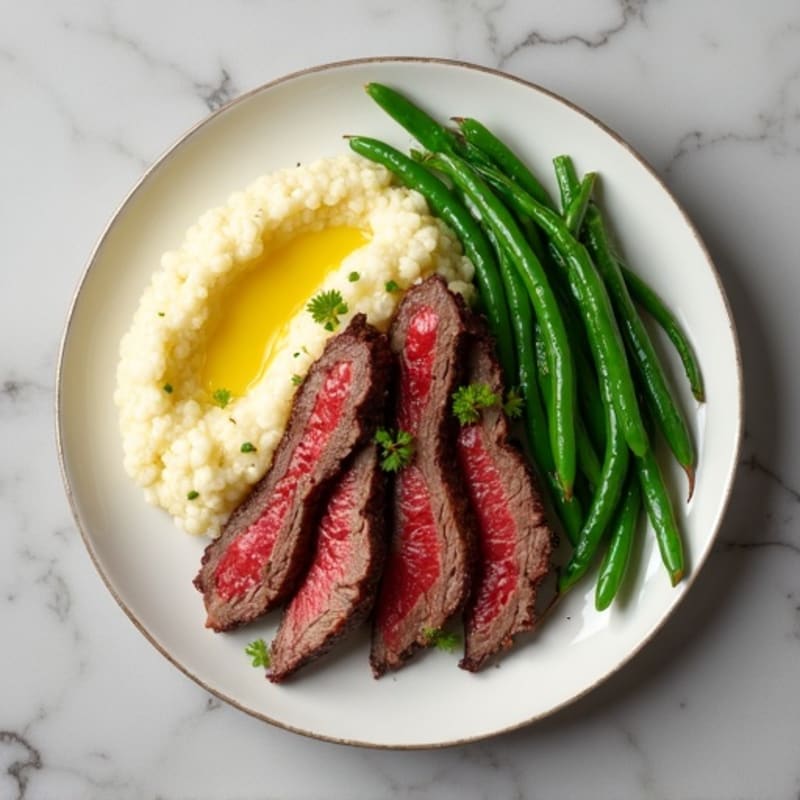 Seared Lean Beef Strips with Cauliflower Mash and Steamed Green Beans