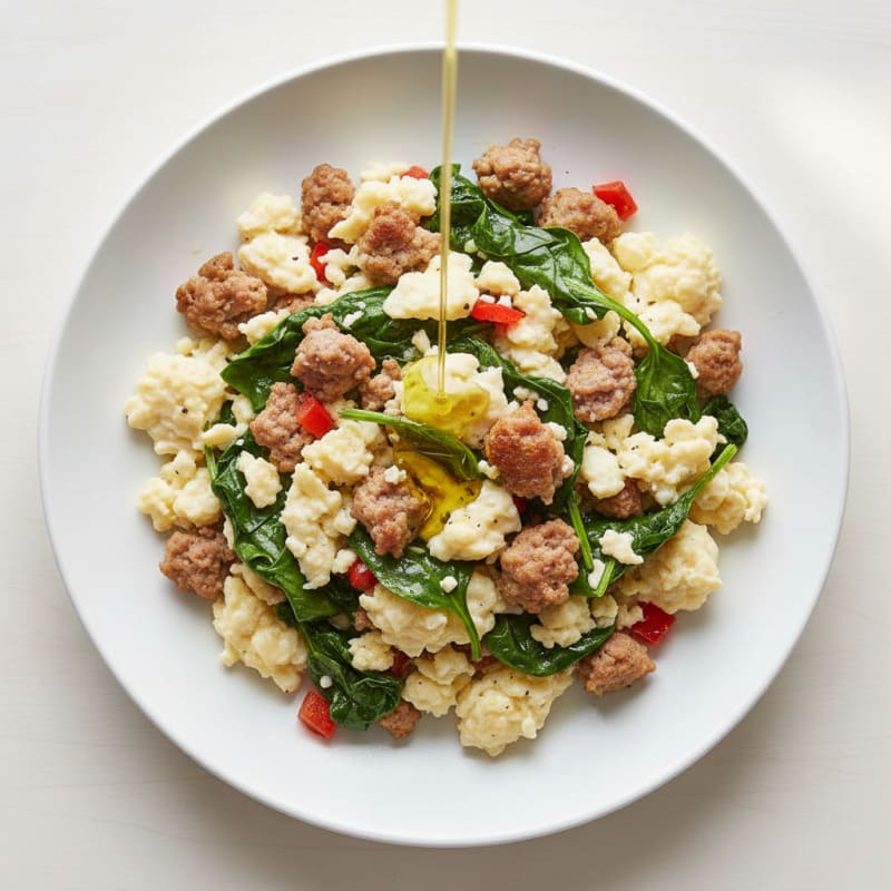 Egg White Scramble with Turkey Sausage and Sautéed Spinach
