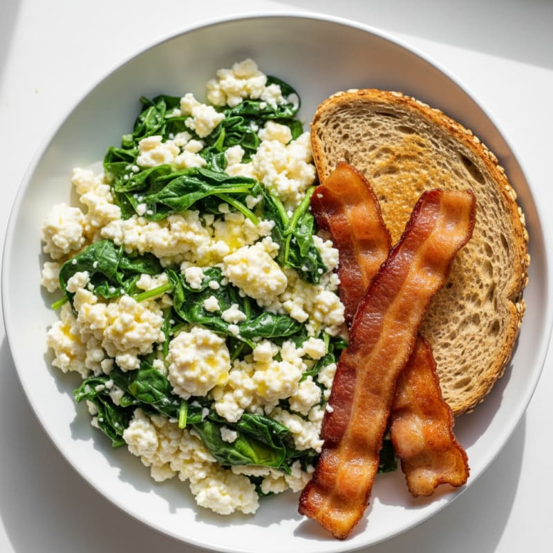Egg White Spinach Scramble with Cottage Cheese and Turkey Bacon