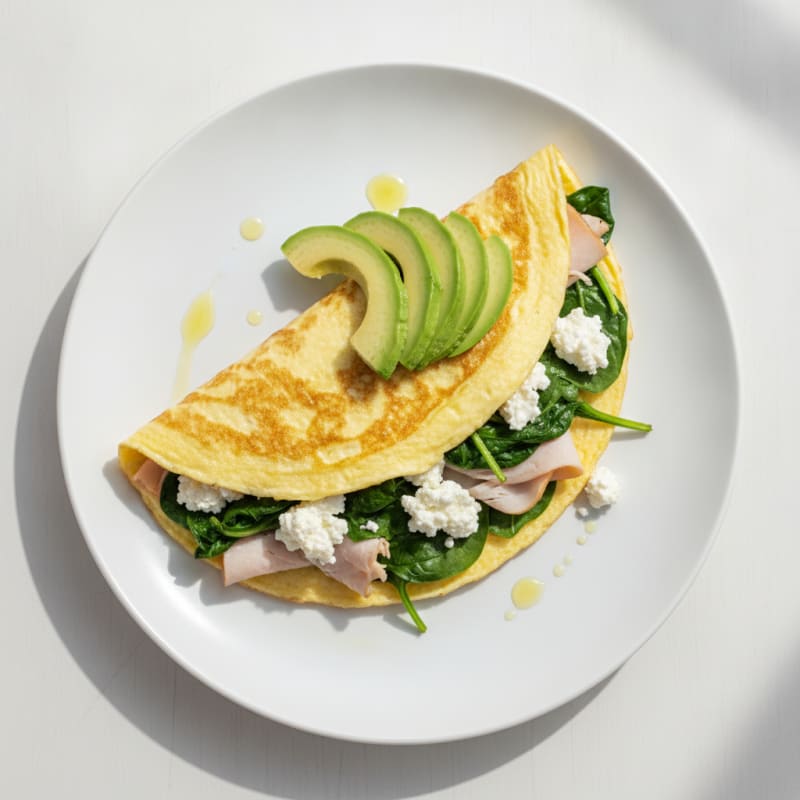 Egg White Spinach Omelet with Cottage Cheese and Sliced Turkey