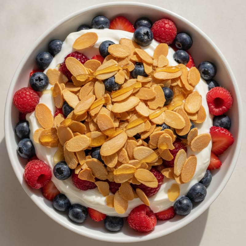 Greek Yogurt Parfait with Mixed Berries and Crunchy Almonds