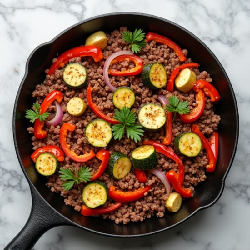 Lean Ground Beef and Roasted Vegetable Skillet