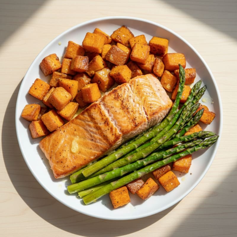 Seared Salmon with Roasted Sweet Potatoes and Asparagus