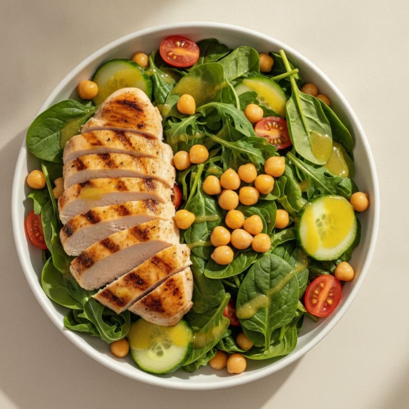 Grilled Chicken Breast Salad with Mixed Greens and Chickpeas