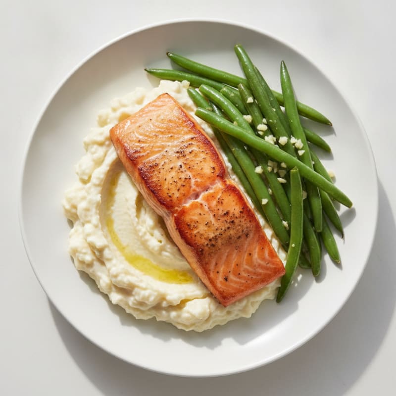 Seared Salmon with Garlic Green Beans and Cauliflower Mash