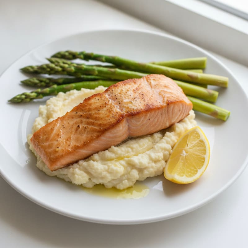Seared Salmon with Steamed Asparagus and Cauliflower Mash