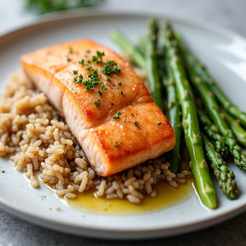Seared Salmon with Steamed Asparagus and Brown Rice