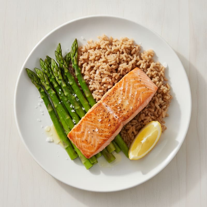 Seared Salmon with Steamed Asparagus and Brown Rice