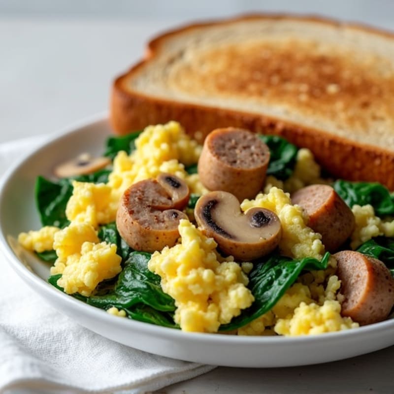 Egg White Spinach Scramble with Turkey Sausage and Sautéed Mushrooms