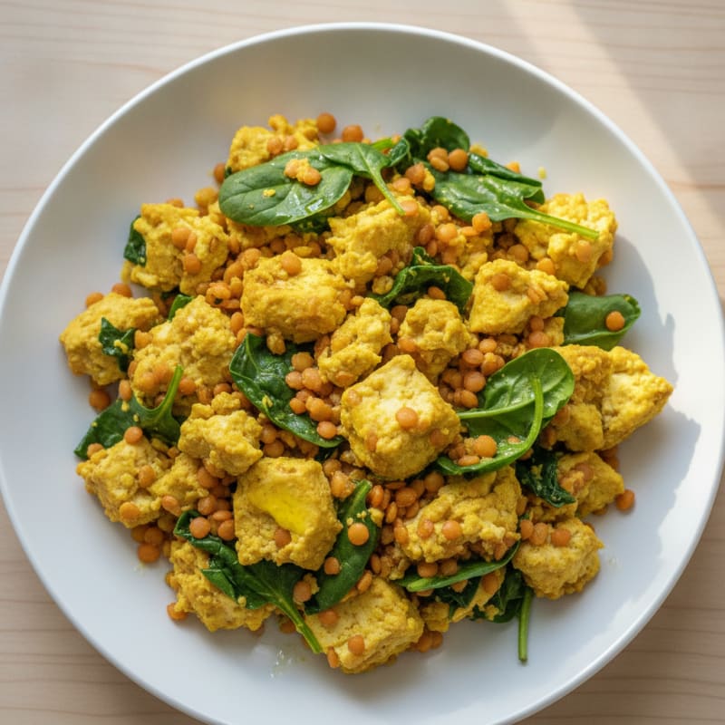 Silky Tofu and Lentil Scramble with Spinach