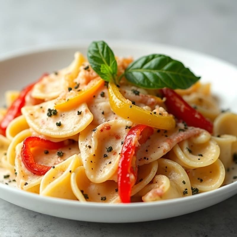 Creamy Chicken Farfalle with Roasted Bell Peppers and Onions