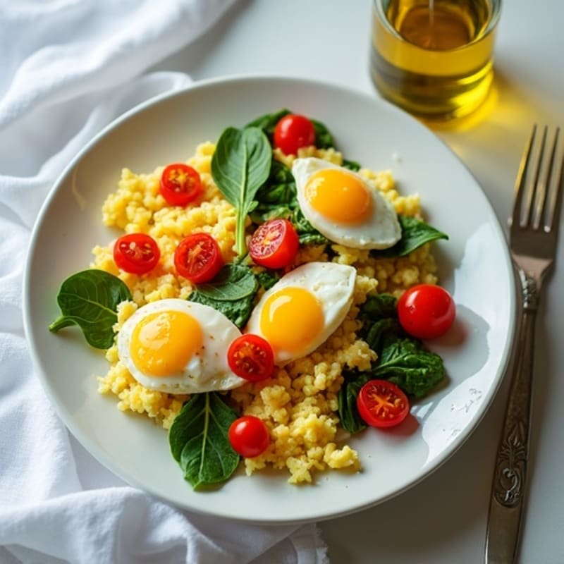 Fluffy Scrambled Eggs with Fresh Spinach and Cherry Tomatoes