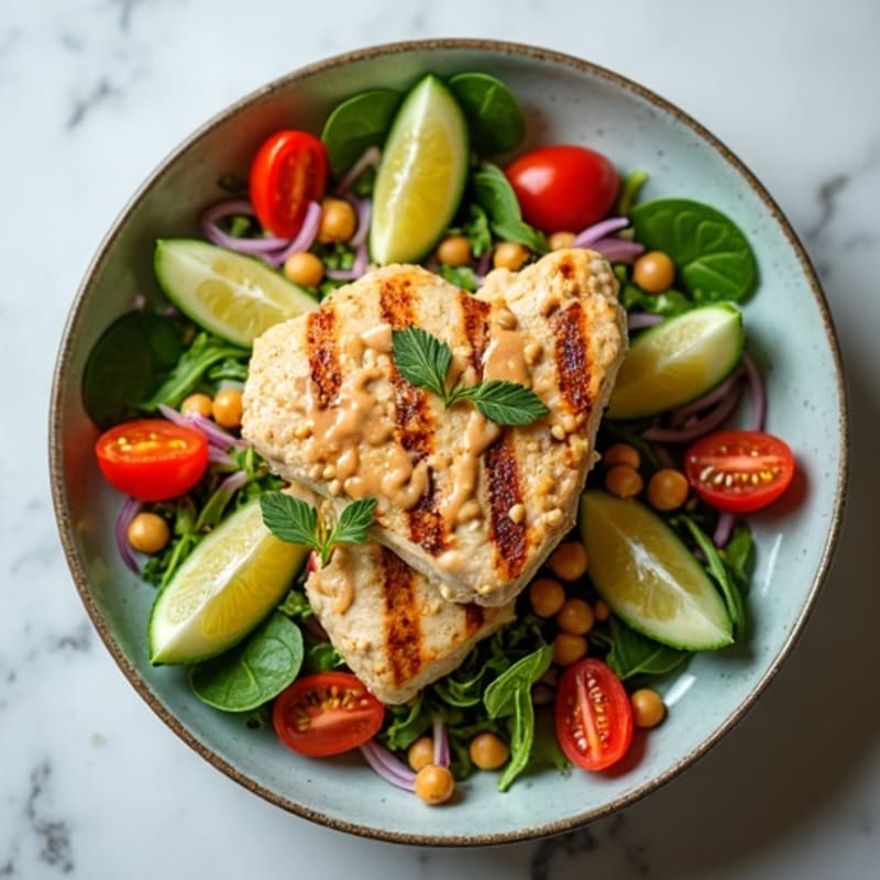 Grilled Chicken Breast Salad with Crunchy Chickpeas and Lemon-Tahini Dressing