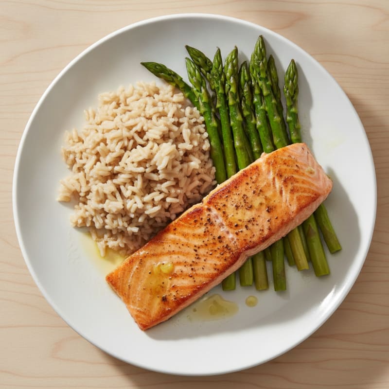 Seared Salmon with Steamed Asparagus and Brown Rice