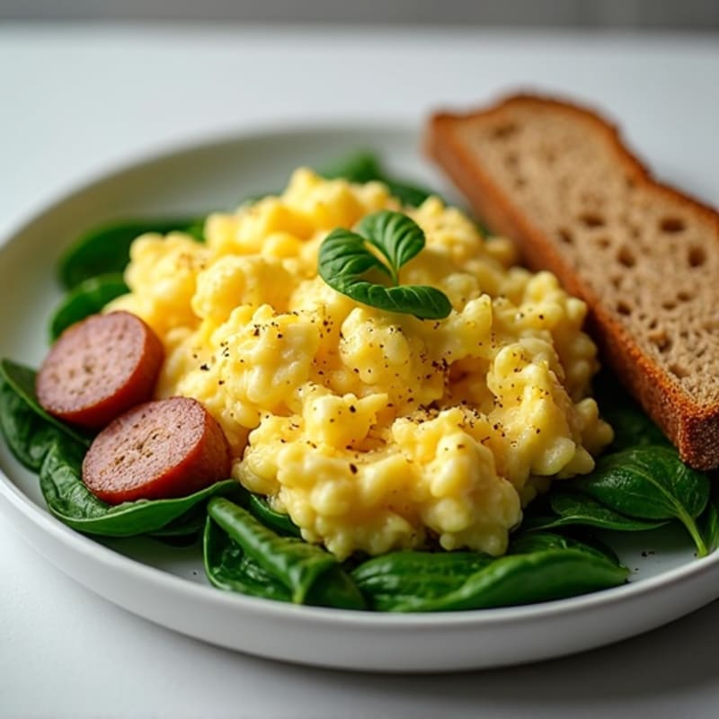 Egg White and Turkey Sausage Scramble with Sautéed Spinach
