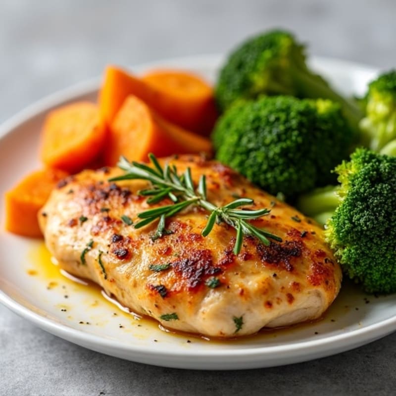 Crispy Lemon-Herb Roasted Chicken with Roasted Broccoli and Sweet Potatoes