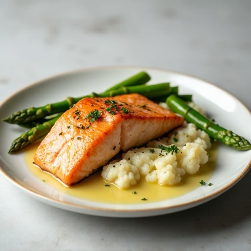 Seared Salmon with Steamed Asparagus and Mashed Cauliflower