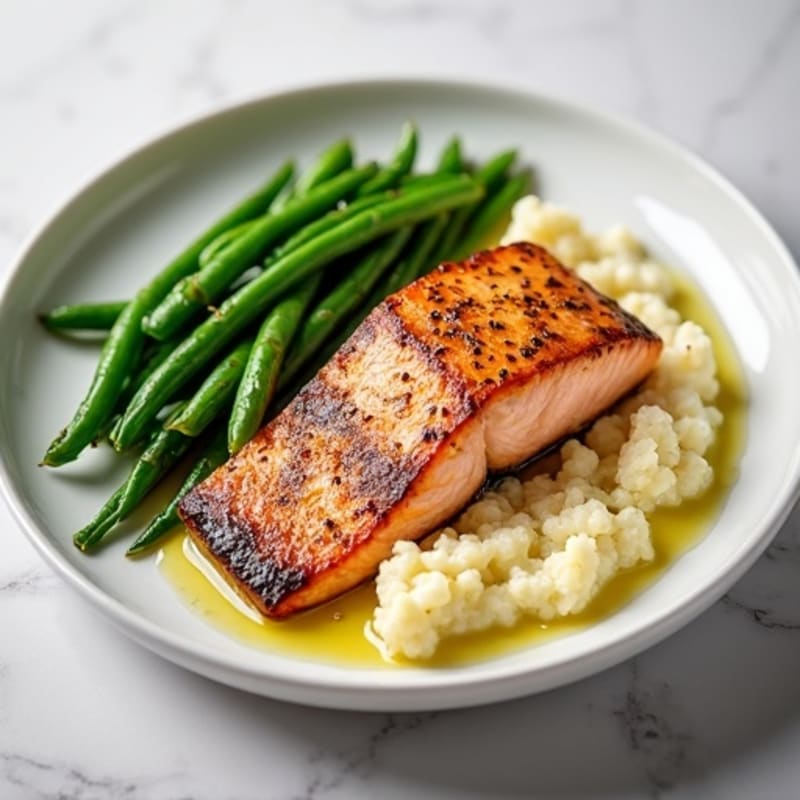 Seared Salmon with Steamed Green Beans and Cauliflower Mash