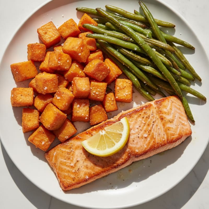 Seared Salmon Fillet with Roasted Sweet Potato and Green Beans
