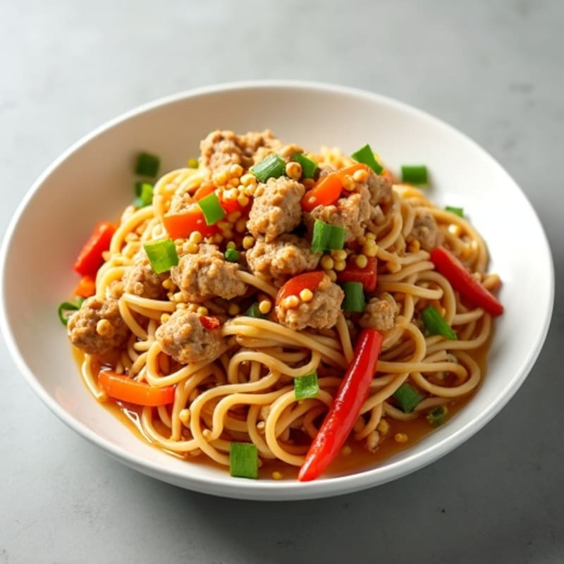 Spicy Creamy Peanut Ground Chicken Noodles