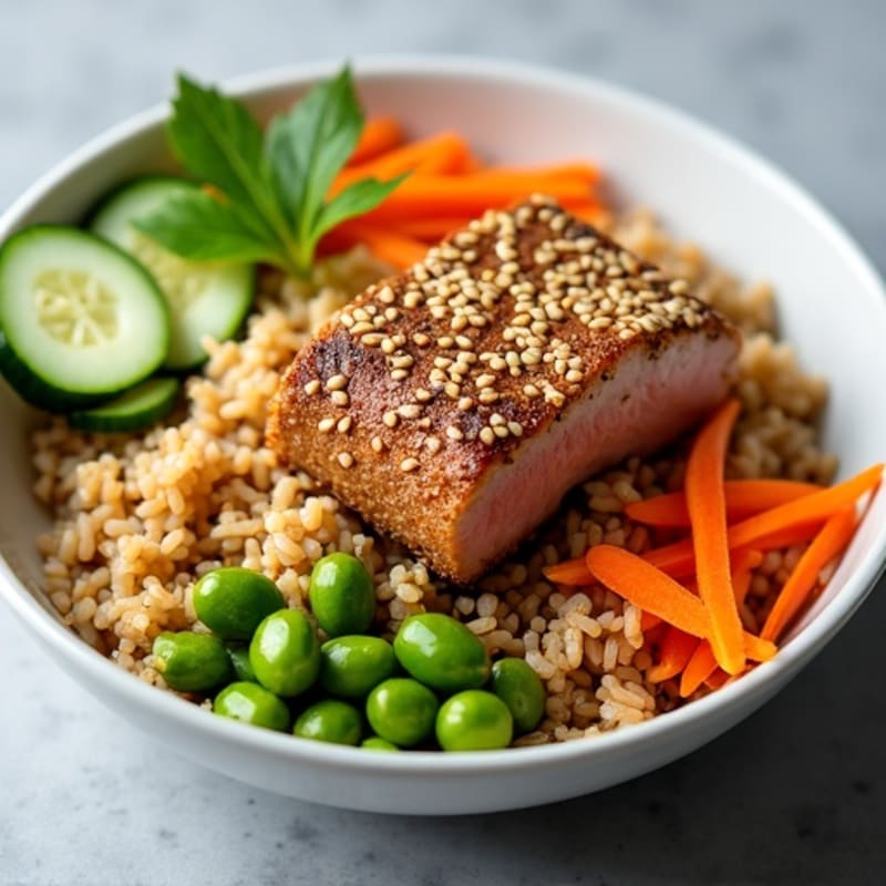 Sesame-Crusted Tuna Rice Bowl with Fresh Vegetables