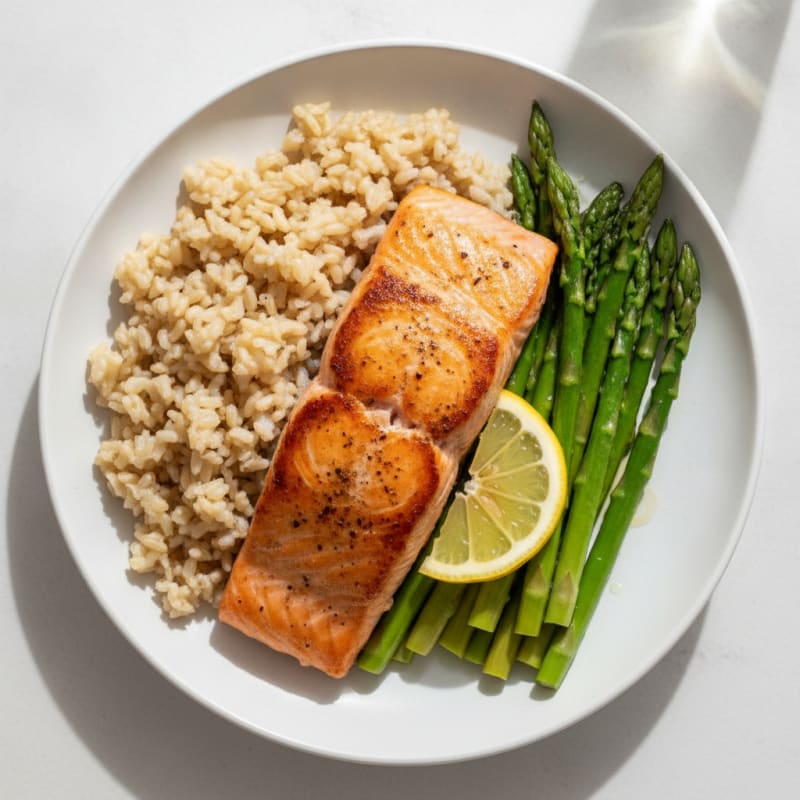 Seared Salmon with Steamed Asparagus and Brown Rice
