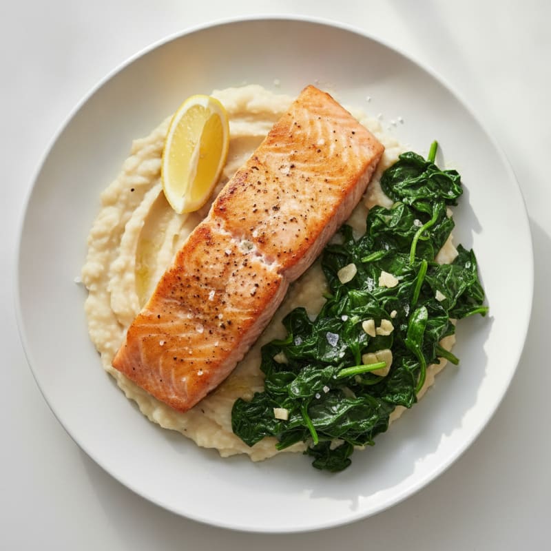 Seared Salmon with Garlic Spinach and Mashed White Beans