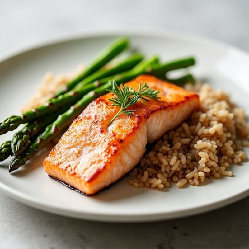 Seared Salmon with Steamed Asparagus and Brown Rice