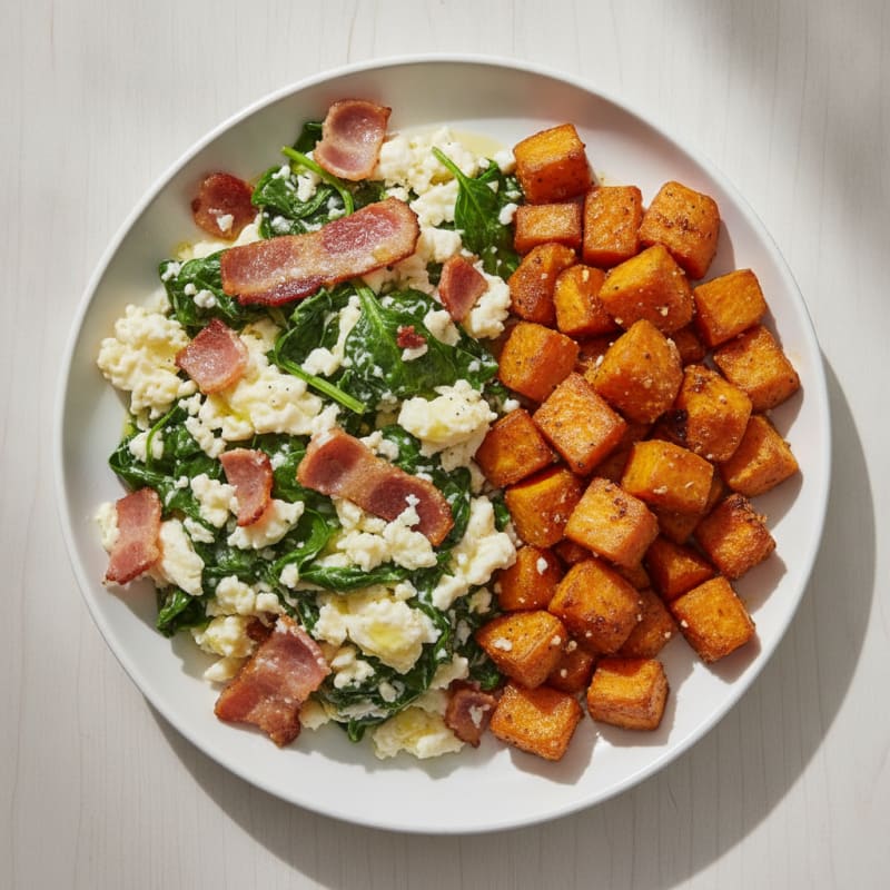 Crispy Turkey Bacon and Spinach Egg White Scramble with Roasted Sweet Potato