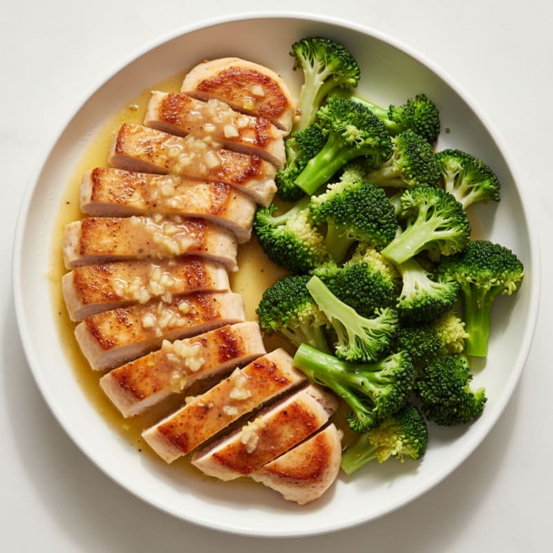 Lemon Garlic Pan Seared Chicken with Steamed Broccoli