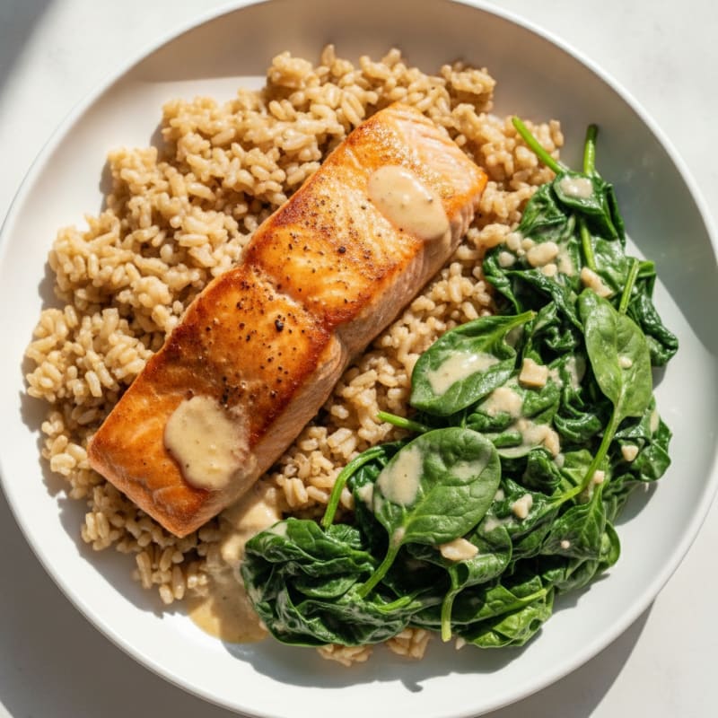 Seared Salmon with Creamy Spinach and Brown Rice