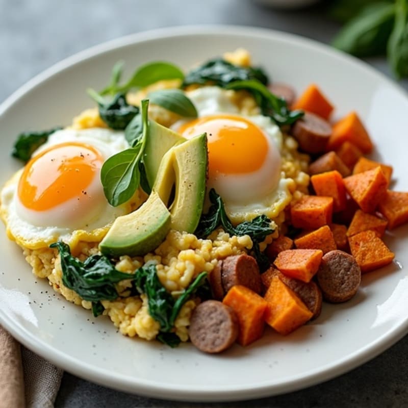 Egg White and Turkey Sausage Scramble with Spinach and Roasted Sweet Potato