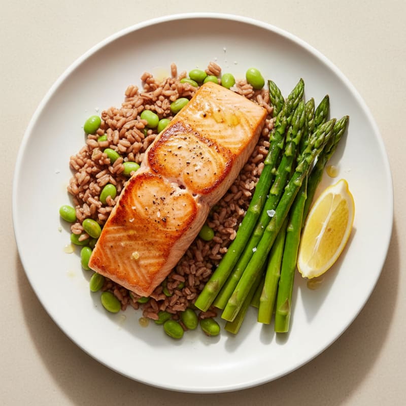 Seared Salmon Fillet with Brown Rice and Steamed Asparagus