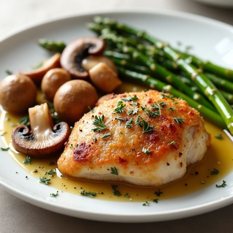 Roasted Chicken and Garlic Butter Mushrooms with Crispy Asparagus