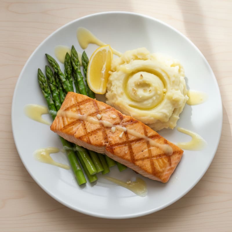 Seared Salmon Fillet with Steamed Asparagus and Garlic Mashed Potatoes