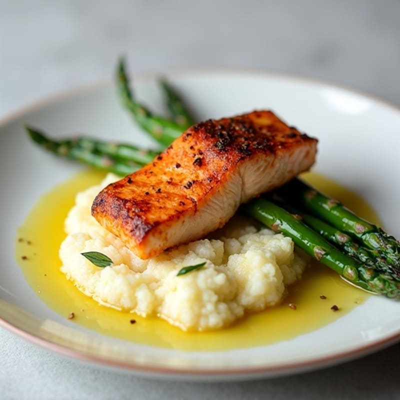 Seared Salmon with Steamed Asparagus and Cauliflower Mash