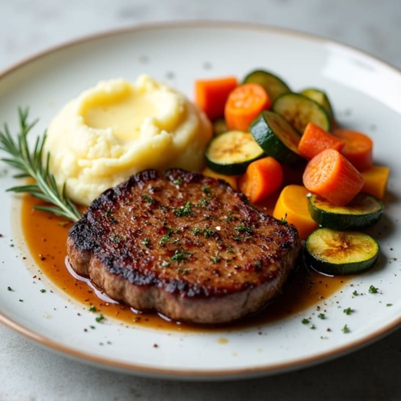 Seared Steak with Herb-Roasted Vegetables and Mashed Potatoes