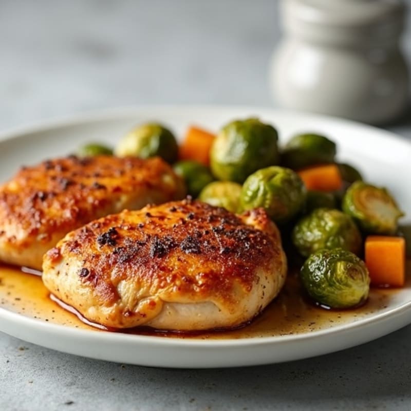 Roasted Chicken Thighs with Cinnamon-Spiced Sweet Potatoes and Crispy Brussels Sprouts