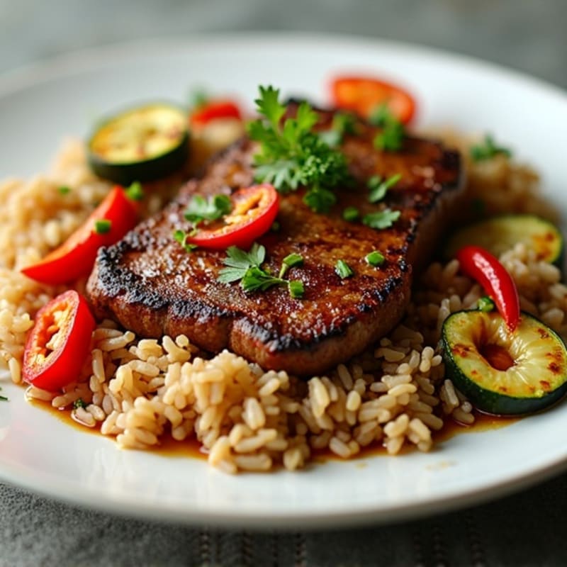 Seared Lemongrass Steak with Crispy Roasted Vegetables and Fluffy Brown Rice