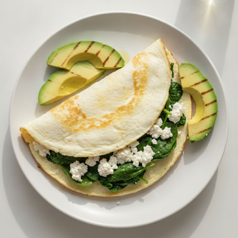 Egg White Spinach Omelette with Cottage Cheese and Sliced Avocado