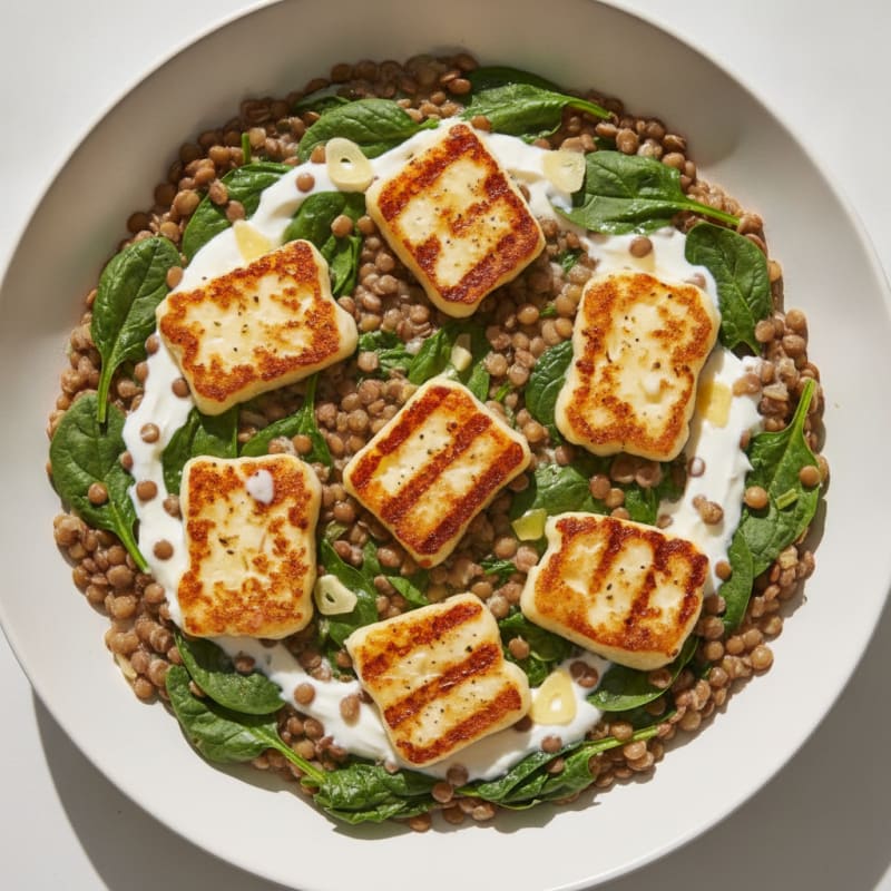 Creamy Lentil and Spinach Skillet with Grilled Halloumi