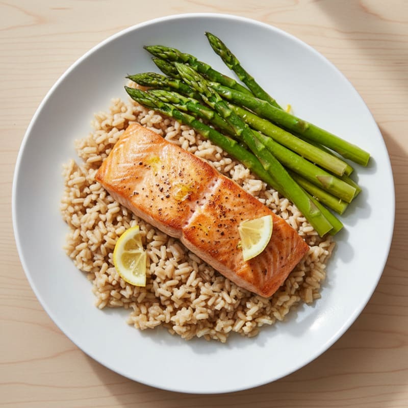 Seared Salmon Fillet with Steamed Asparagus and Brown Rice
